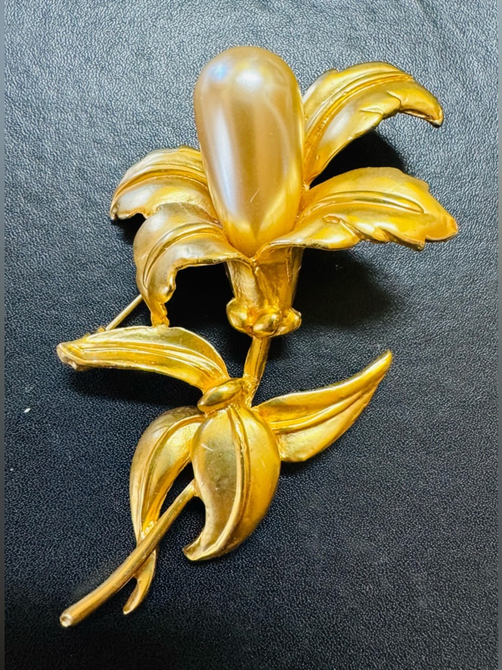 Gold Tone and Faux Pearl Floral Statement Brooch Pin
